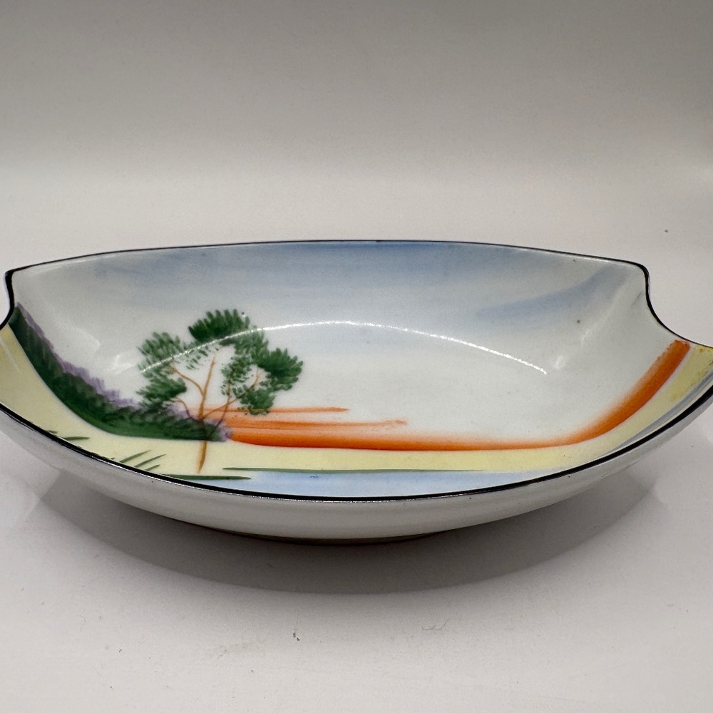 Vintage Tree & Lake Scene Trinket Dish by Meito China Made in Japan Handpainted
